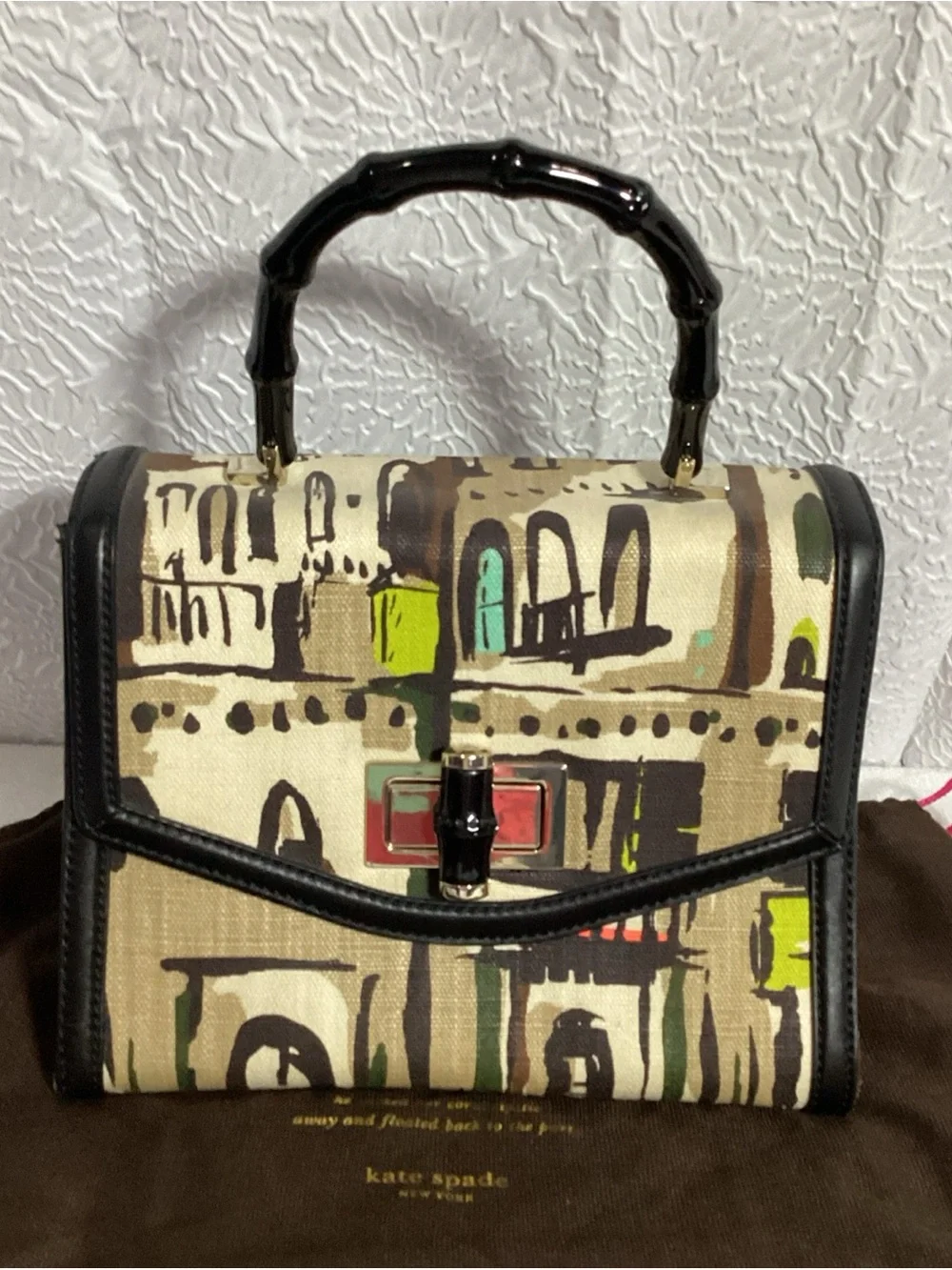Kate Spade Laguna Ct Penelope Canvas w/ Black Leather & Bamboo Handle NWOT